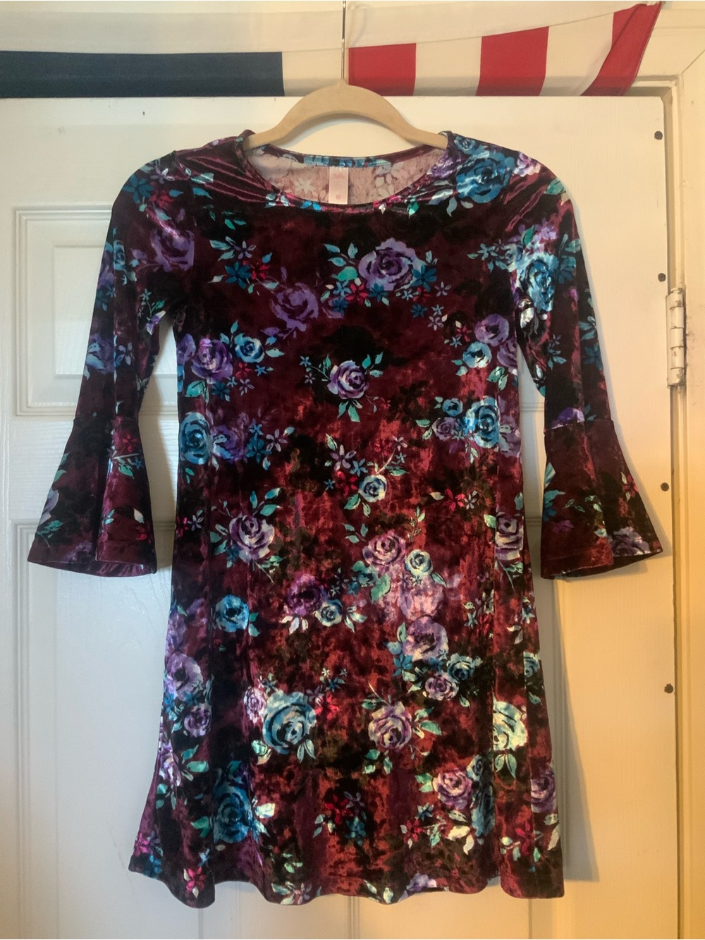 Justice Burgundy Velvet Floral Dress with Teal & Purple Accents